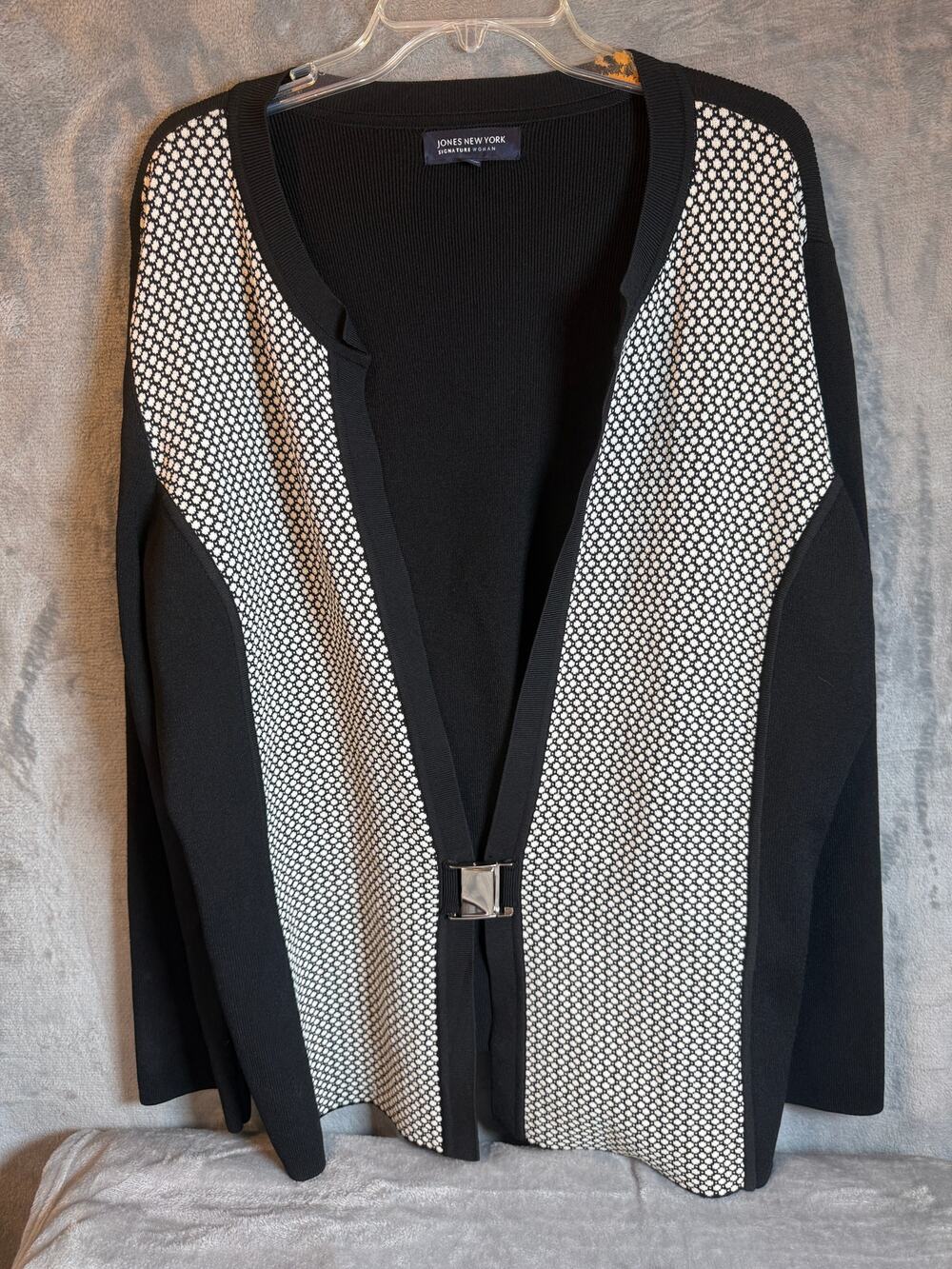 Jones New York Signature Woman Cardigan 3X Black White Knit Clasp Plus Size